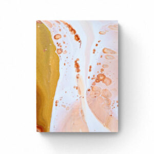 Abstract painting titled "Magic Sands 1 (30 x 40 cm)" with a blend of gold, white, and pink hues, featuring overlapping bubbles and fluid lines on a rectangular canvas against a white background. Abstract Art by Thanh Lyons