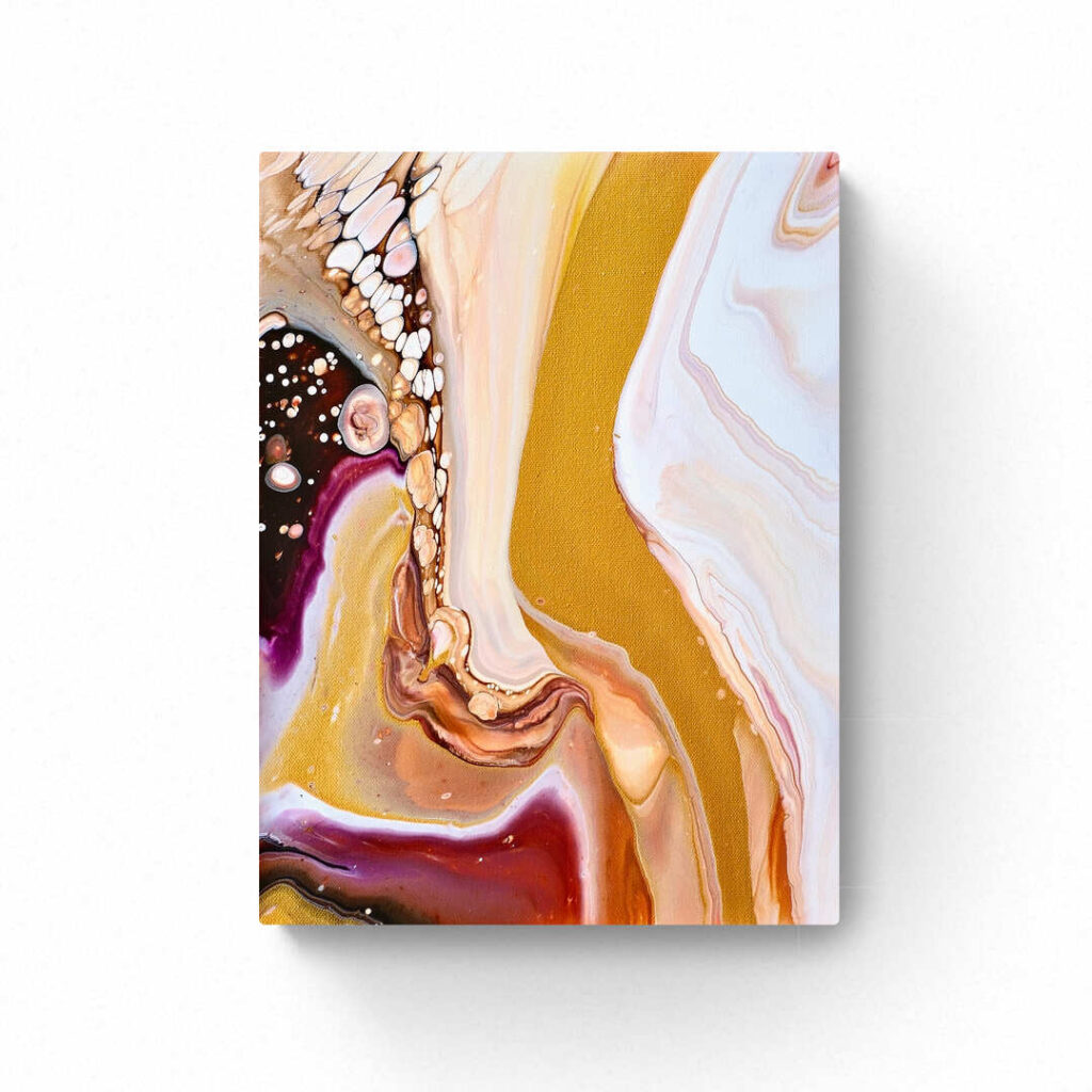 Abstract painting with swirls of white, gold, maroon, and brown tones, creating a fluid, marble-like effect. The artwork is rectangular and is set against a plain white background. Product Name: Magic Sands 1 (30 x 40 cm). Abstract Art by Thanh Lyons