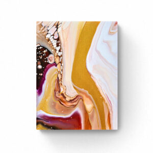 Abstract painting with swirls of white, gold, maroon, and brown tones, creating a fluid, marble-like effect. The artwork is rectangular and is set against a plain white background. Product Name: Magic Sands 1 (30 x 40 cm). Abstract Art by Thanh Lyons