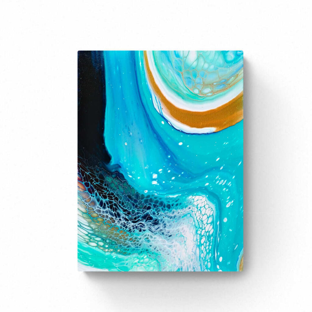 Abstract painting featuring predominant shades of blue and turquoise, with splashes of gold, white, and black, creating a fluid, textured design on a 30 x 40 cm vertical canvas. Part of the Ocean Adventure series (30 x 40 cm). Abstract Art by Thanh Lyons