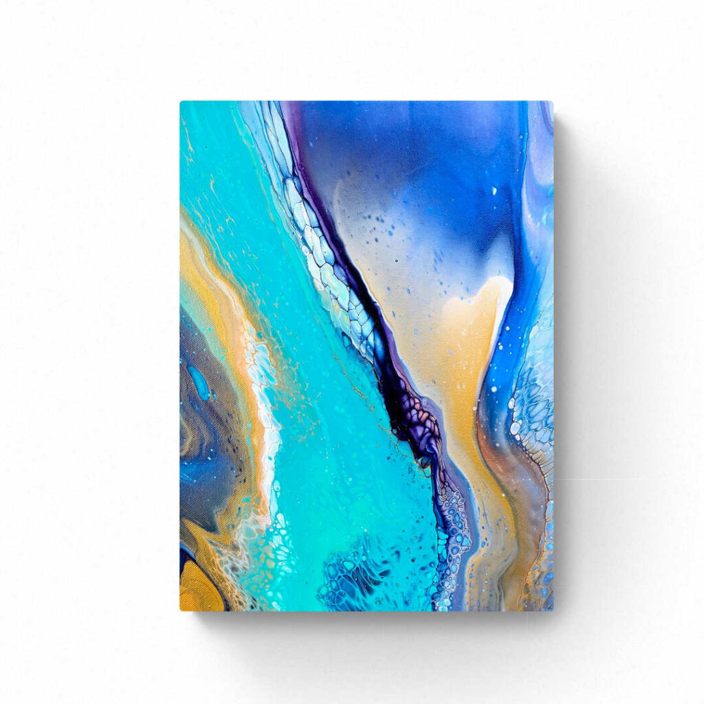 Abstract painting featuring blue, teal, purple, and gold swirls on a white background. Part of the Ocean Adventure series (30 x 40 cm), this piece captures the dynamic essence of marine beauty. Abstract Art by Thanh Lyons