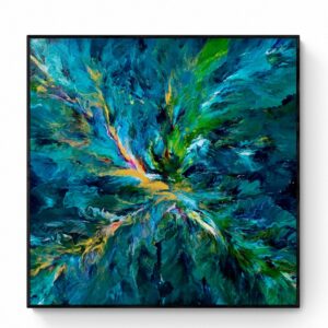 The abstract painting, "Emerald Dance (101 x 101 cm) - Framed in Black," features a central burst of vibrant blues, greens, and a touch of red, giving the illusion of energy or movement. Abstract Art by Thanh Lyons