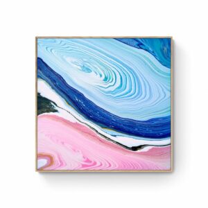 Abstract painting titled "The Beginning" (101 x 101 cm) featuring swirling patterns in pink, blue, and white hues, reminiscent of marbled stone or geological formations, elegantly framed in Tassie oak. Abstract Art by Thanh Lyons