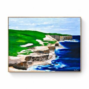 The artwork titled "Spring is here (80 x 105 cm - Framed) (Copy)" captures a coastal cliff landscape adorned with green grass, rugged cliffs, and a deep blue ocean beneath a partly cloudy sky. Abstract Art by Thanh Lyons