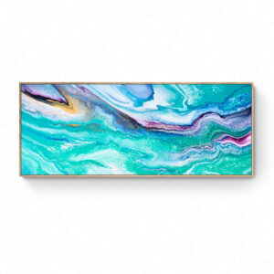 The Spring Swings - Framed - 64x155 cm (Copy) artwork is a rectangular piece with abstract patterns in turquoise, purple, and white that resemble fluid waves against a plain white background. Abstract Art by Thanh Lyons