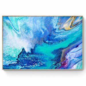 The "Pacific Explorer" painting, measuring 104 x 155 cm and elegantly framed in Tassie Oak, features swirling blue, white, and purple hues accented with touches of yellow and green, capturing the essence of a journey through the Pacific. Abstract Art by Thanh Lyons