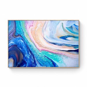 Experience the captivating allure of "Pacific Sandbar," an abstract painting featuring swirling patterns in shades of blue, teal, pink, and white. This stunning artwork is elegantly presented in a 104 x 155 cm frame made from premium Tassie Oak. Abstract Art by Thanh Lyons