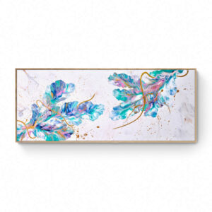 The "Spring Swings" framed painting features abstract leaf designs in blue, purple, and green hues on a white background with subtle gold accents. Measuring 64x155 cm, this artwork adds a touch of elegance to any space. Abstract Art by Thanh Lyons