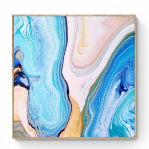 The "Emerald Dance" abstract painting, framed in black and measuring 101 x 101 cm, features swirling patterns in blue, teal, white, and tan. Abstract Art by Thanh Lyons