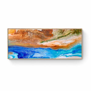 The "Tranquil Lookout - Framed - 64x155 cm" is an abstract artwork featuring vibrant swirls of blue, orange, and white, reminiscent of a natural landscape or an aerial view of terrain and waterways. This framed art piece measures 64x155 cm and is elegantly displayed in a rectangular wooden frame. Abstract Art by Thanh Lyons