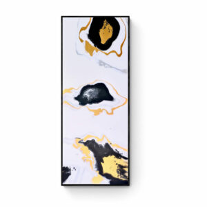 Presenting "Whisper of Time," a mesmerizing abstract painting featuring fluid swirls of black, gold, and white on a rectangular 61x153 cm canvas encased in a sleek black frame, set against a pristine white background. Abstract Art by Thanh Lyons