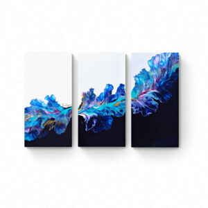 Discover the captivating allure of the Blue Trio triptych. Each 60 x 90 cm panel showcases vibrant blue and teal brush strokes on a white background, seamlessly transitioning to dark blue and black. This three-panel abstract painting adds a sophisticated touch to any space. Abstract Art by Thanh Lyons