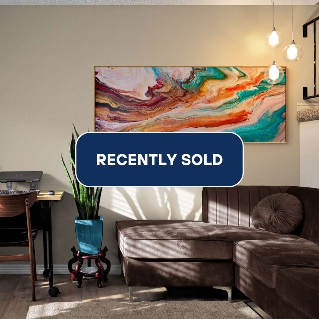 Living room with a brown sectional sofa, colorful abstract painting, potted plant, and a "Recently Sold" sign in front. Abstract Art by Thanh Lyons