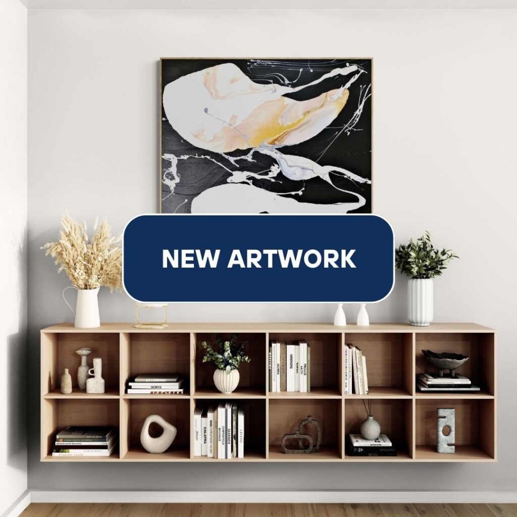 Modern living room with wooden bookshelf, decorative items, and abstract artwork on the wall. Text overlay reads "New Artwork. Abstract Art by Thanh Lyons