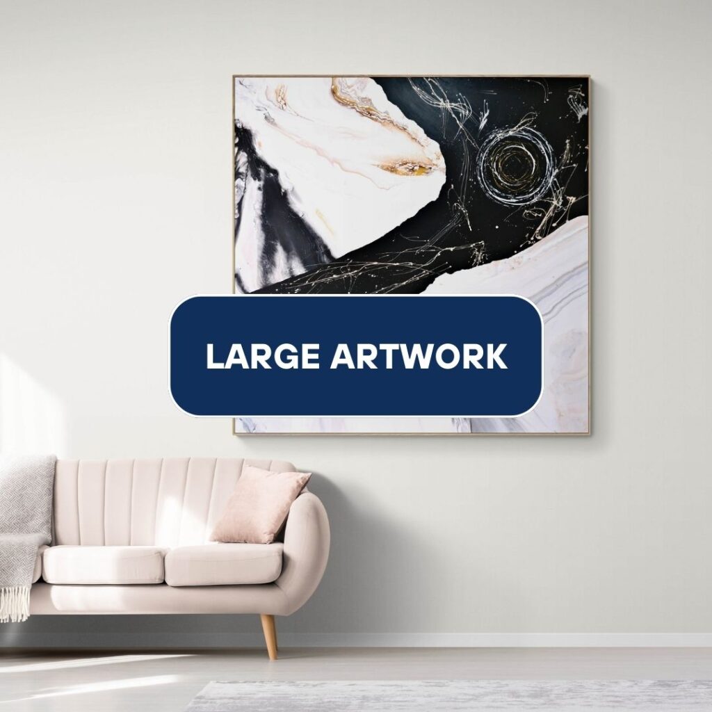 A large abstract artwork in a living room with a light-colored sofa and a blanket. Abstract Art by Thanh Lyons