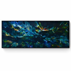 The painting "Botanical Dance," measuring 61 x 153 cm, showcases an abstract design of swirling blue, green, yellow, and white colors against a dark background, all elegantly housed in a sleek black frame. Abstract Art by Thanh Lyons