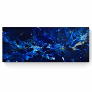 The artwork titled "Botanical Dance" is a large format piece measuring 61 x 153 cm. It features an abstract painting with swirling shades of blue, accented by hints of white and yellow, gracefully depicted on a rectangular canvas against a pristine white background. Abstract Art by Thanh Lyons