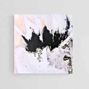 The abstract painting "Place of Origin" (76 x 76 cm) features swirling patterns of black, white, gold, and peach that create a dynamic contrast on a light background. Abstract Art by Thanh Lyons